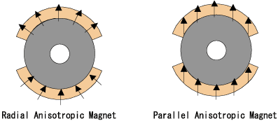 Surface magnetic field distribution for the arc-shaped radial magnet and the parallel orientation magnet